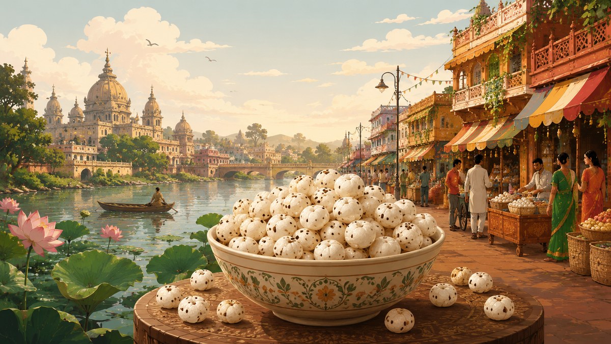 A bowl of makhana beside a Bihar riverside market