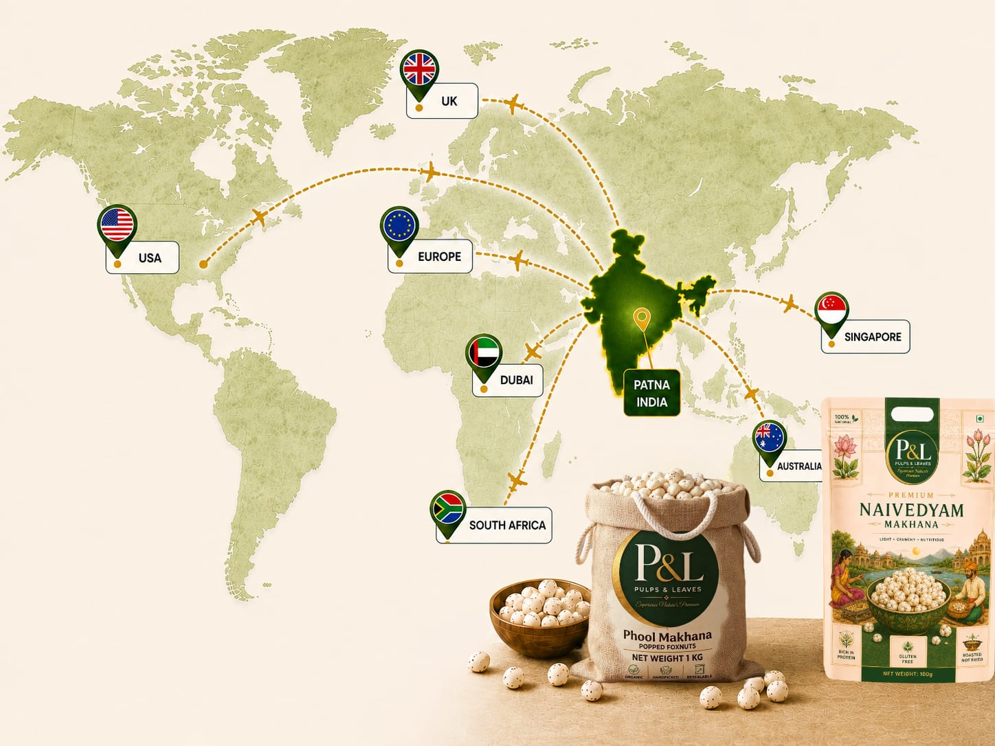 Illustrated map showing Pulps and Leaves from Patna, Bihar to homes around the world